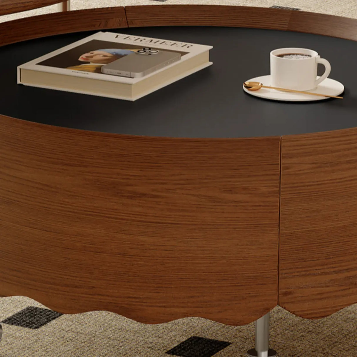 Mid-Century Modern Round Coffee Table with Drawer & Wheel Image - 7