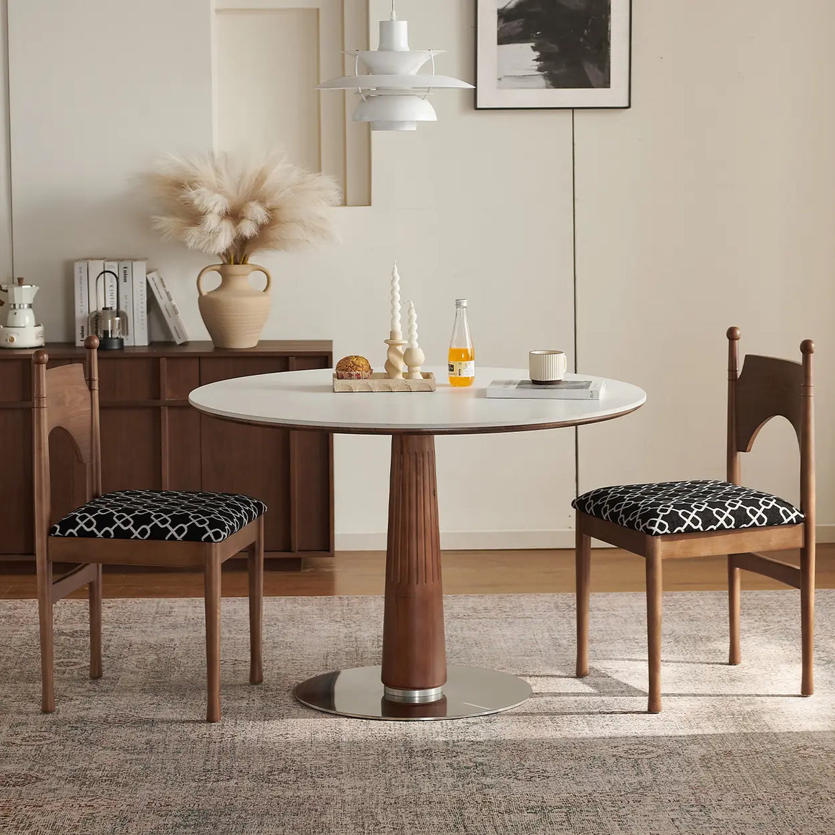 Mid-Century Modern Round Stone Top Wood Pedestal Dining Table Image - 5