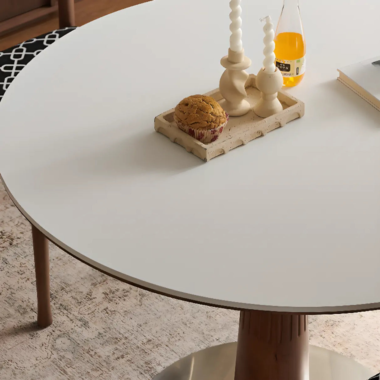 Mid-Century Modern Round Stone Top Wood Pedestal Dining Table Image - 7