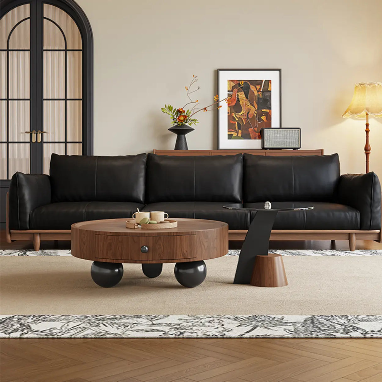 Mid-Century Modern Round Wood Coffee Table with Drawer Image - 1
