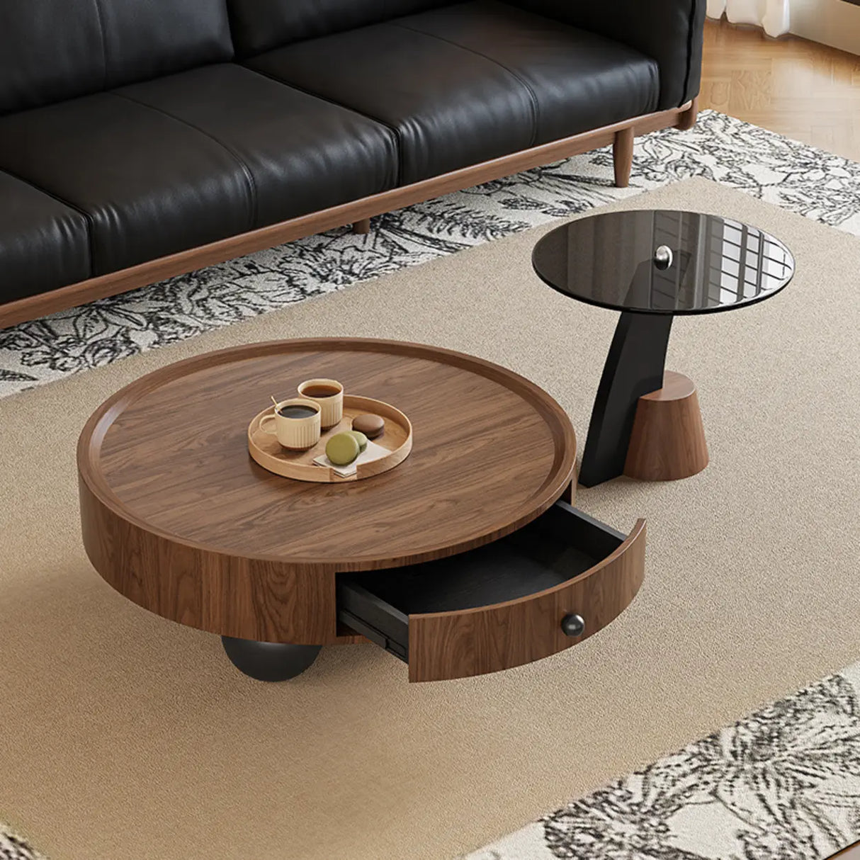 Mid-Century Modern Round Wood Coffee Table with Drawer Image - 3