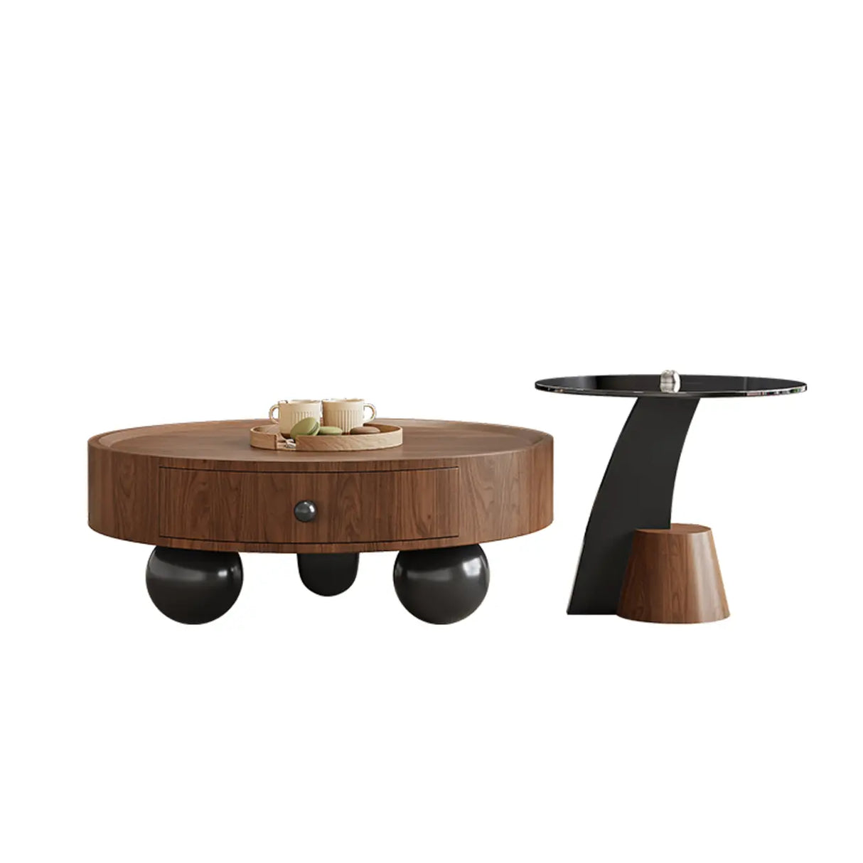 Mid-Century Modern Round Wood Coffee Table with Drawer Image - 5