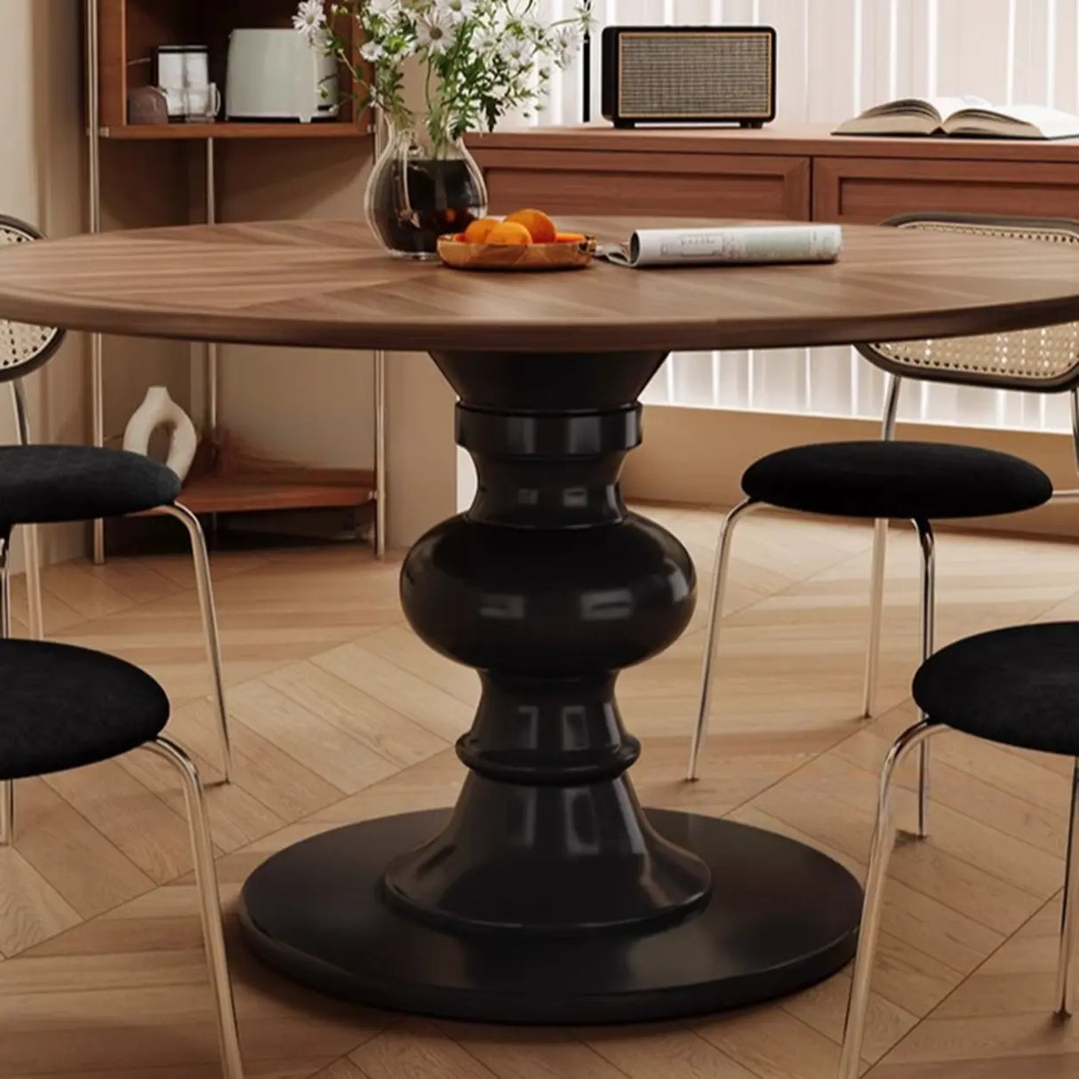 Mid-Century Modern Round Wooden Black Pedestal Dining Table Image - 6