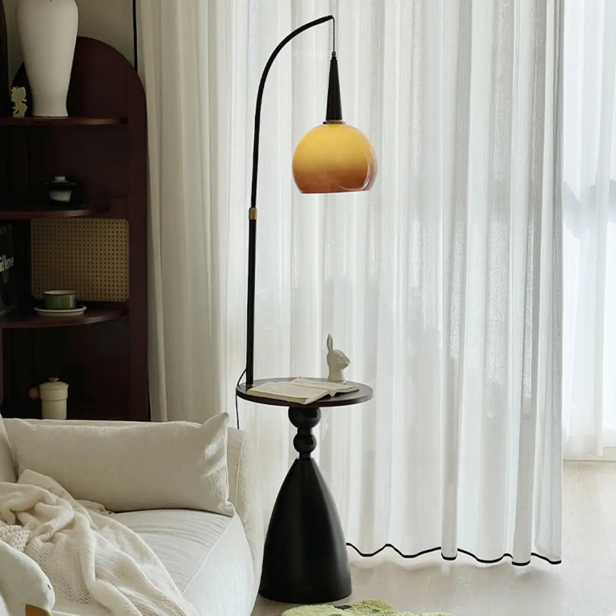 Mid-Century Modern Shelf Adjustable Orange Globe Floor Lamp Image - 1