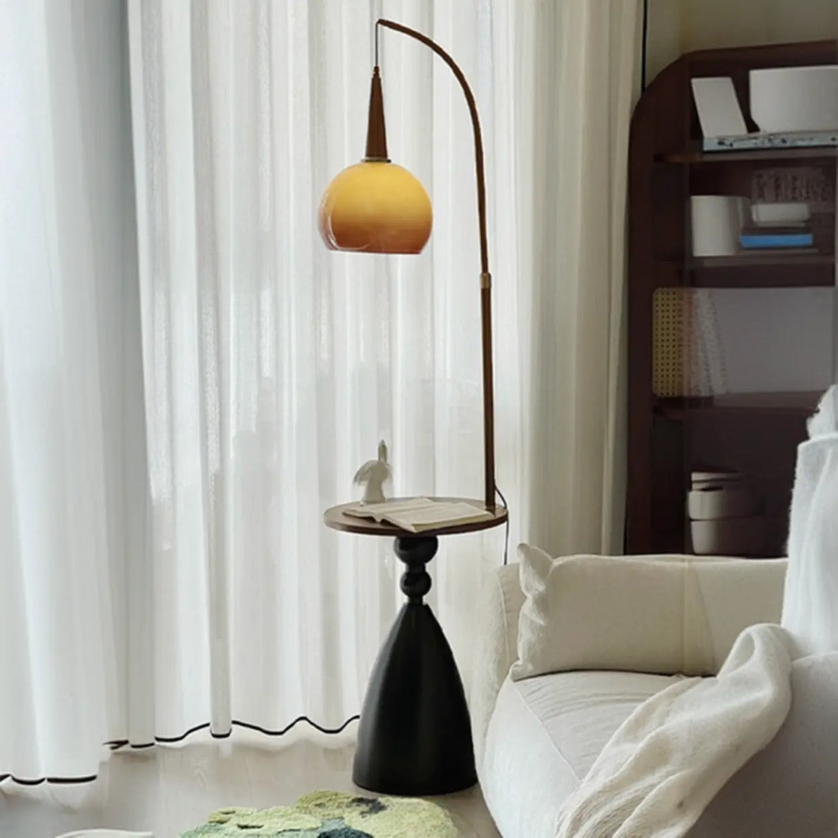 Mid-Century Modern Shelf Adjustable Orange Globe Floor Lamp Image - 3