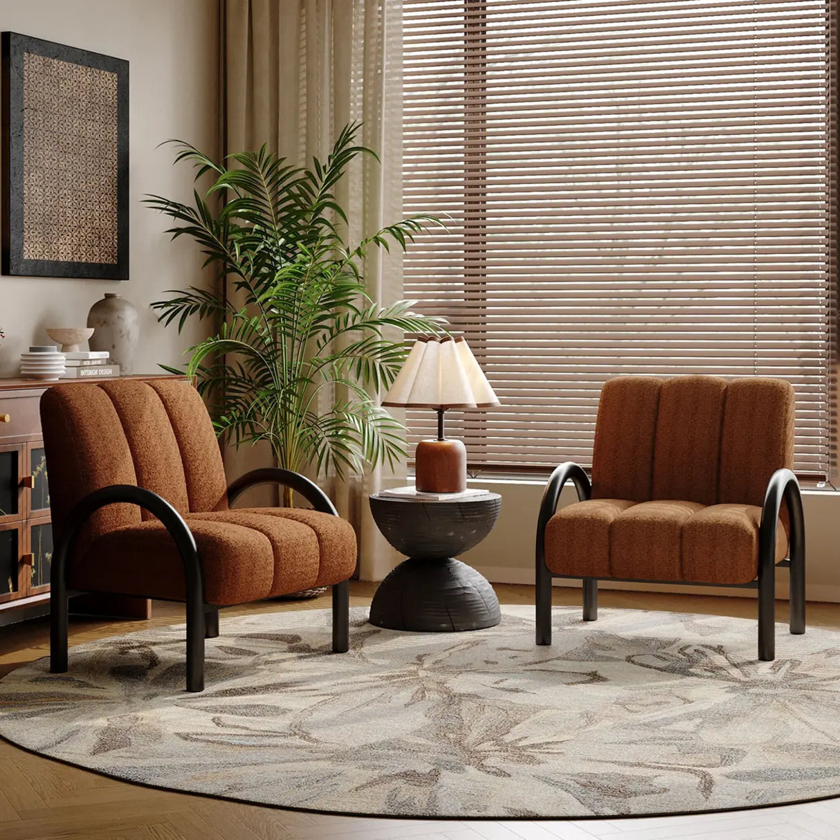 Mid-Century Modern Sherpa Upholstered Armrest Accent Chair Image - 1