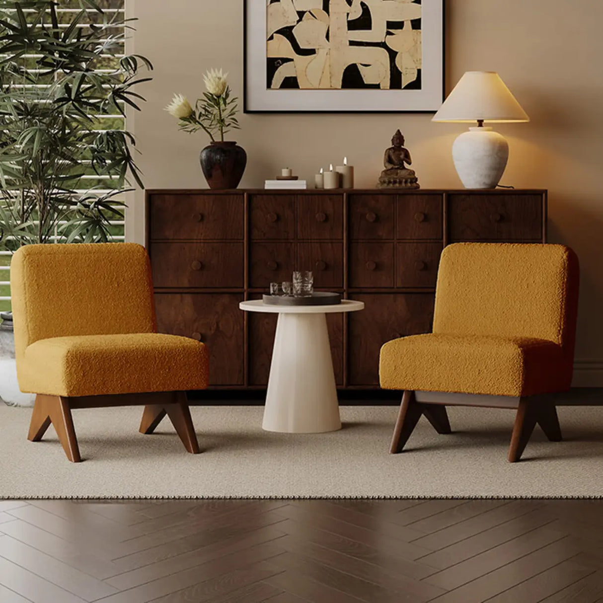 Mid-Century Modern Sherpa Yellow Accent Chair with Wood Legs Image - 1