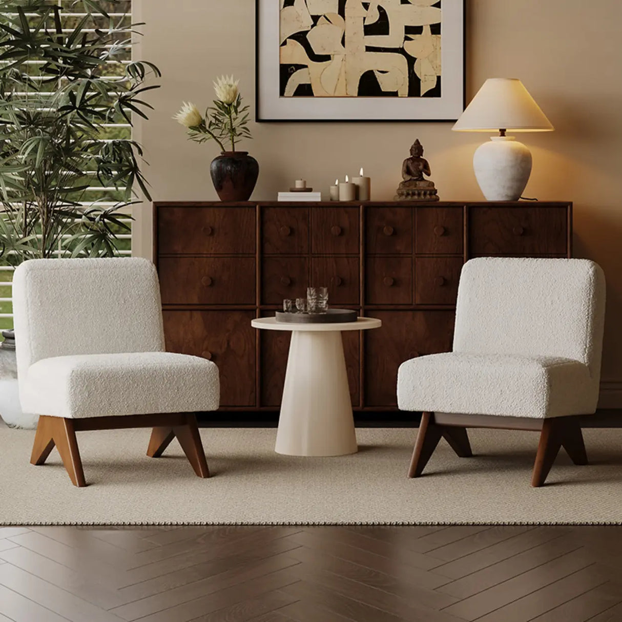 Mid-Century Modern Sherpa Yellow Accent Chair with Wood Legs Image - 4