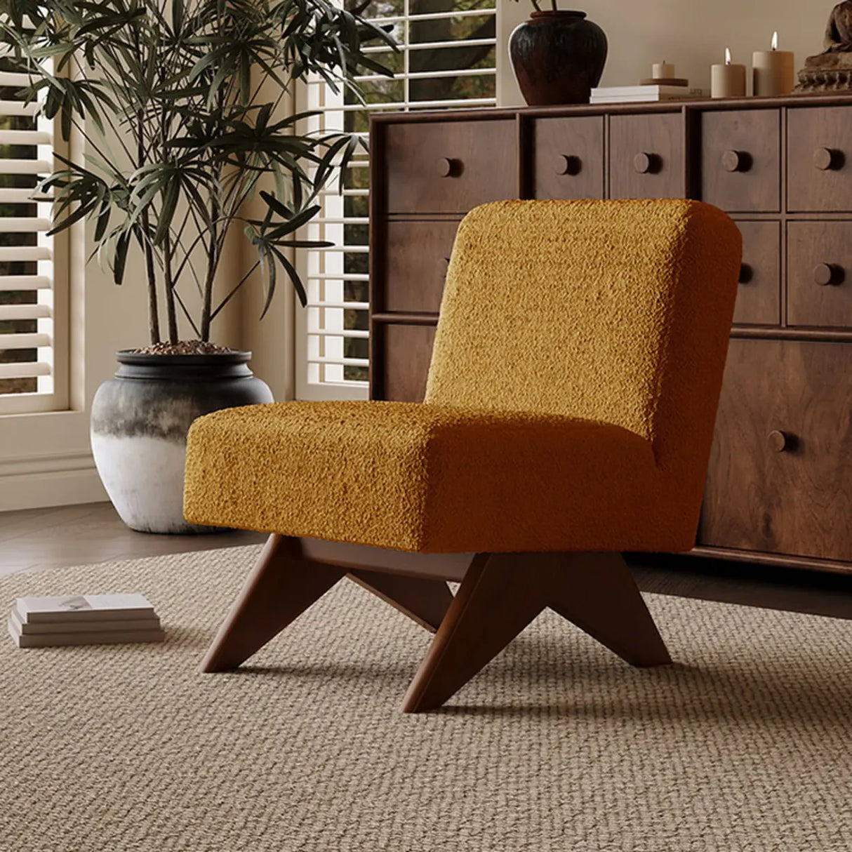 Mid-Century Modern Sherpa Yellow Accent Chair with Wood Legs Image - 5