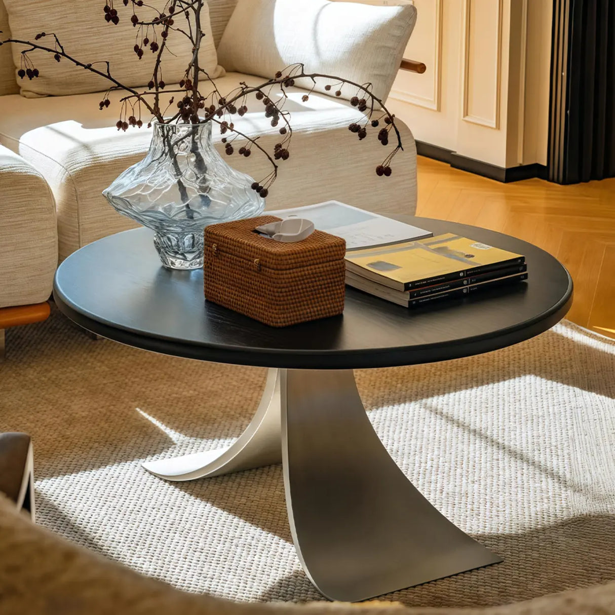 Mid-Century Modern Small Round Wooden Coffee Table Image - 3
