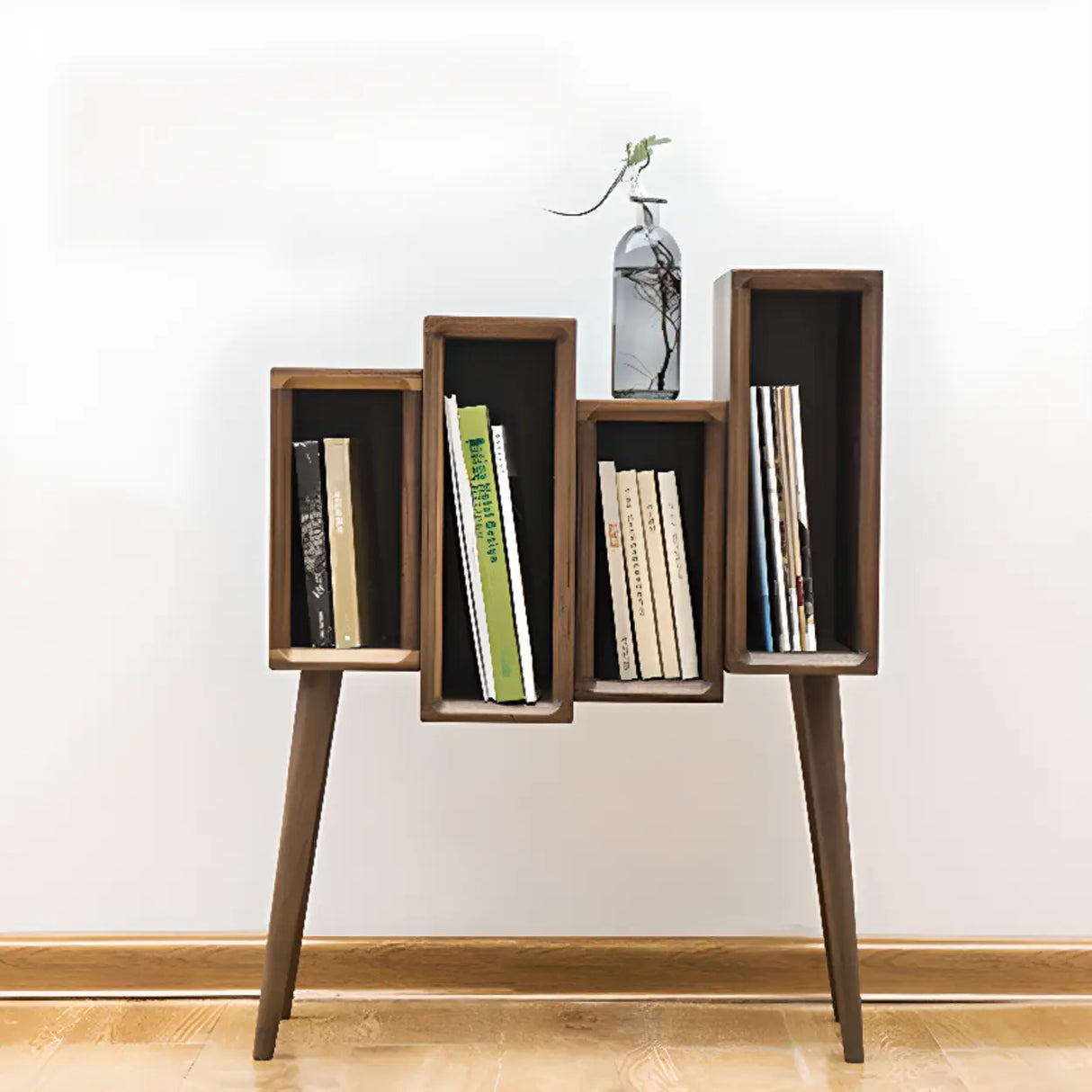 Mid-Century Modern Small Staggered Wood Vertical Leg Bookshelf Image - 1