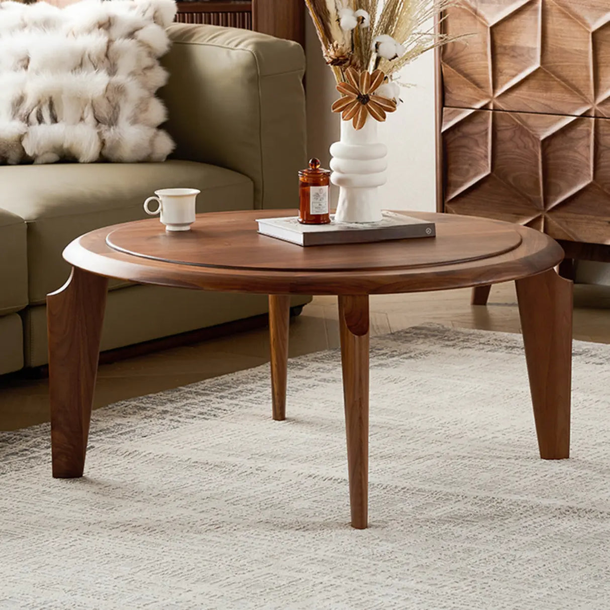 Mid-Century Modern Solid Walnut Wood Round Coffee Table Image - 1