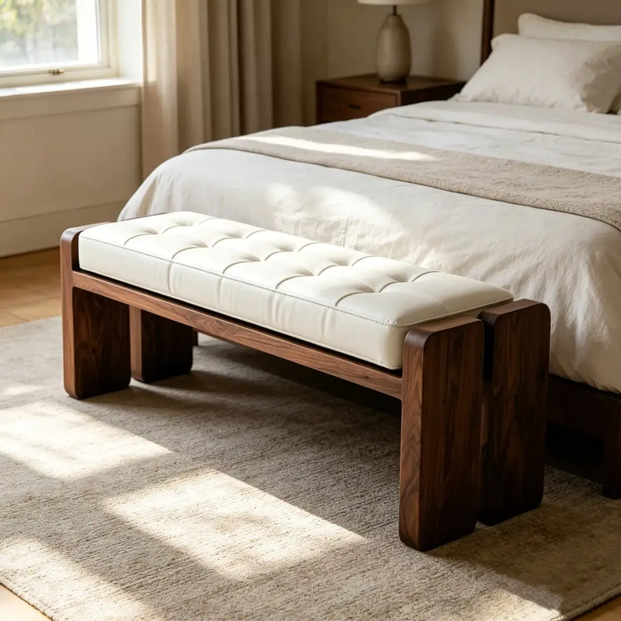 Mid-Century Modern Solid Wood Faux Leather Bedroom Bench Image - 1