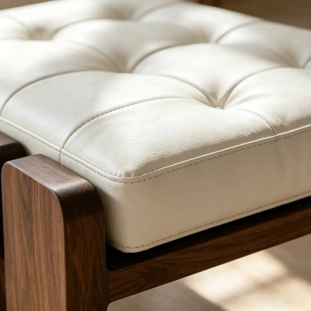 Mid-Century Modern Solid Wood Faux Leather Bedroom Bench Image - 11