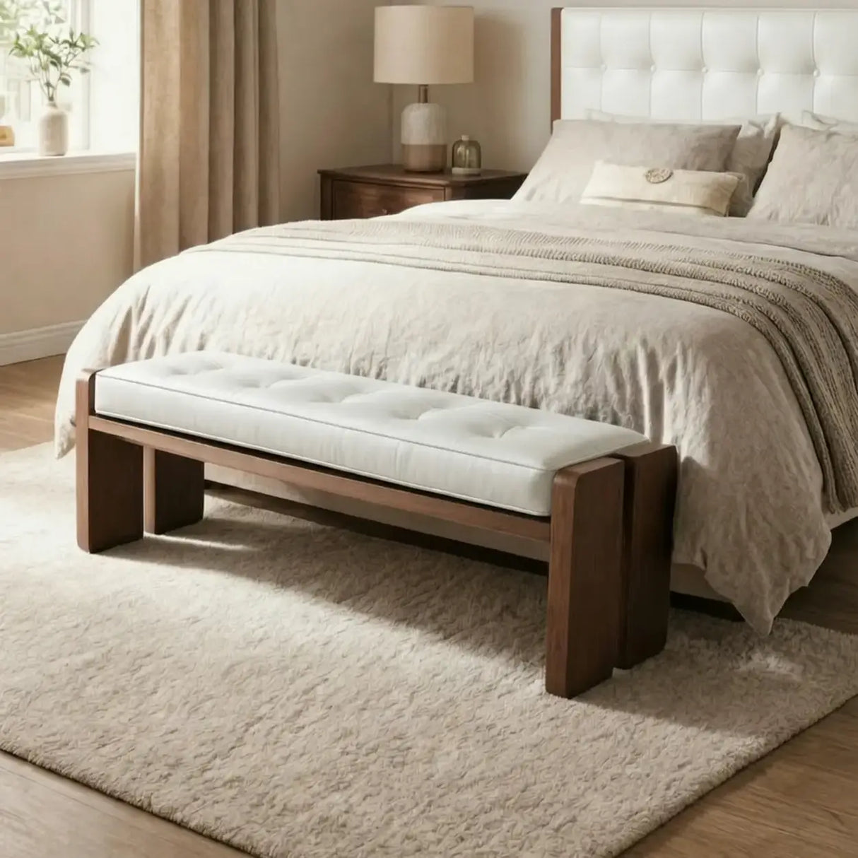 Mid-Century Modern Solid Wood Faux Leather Bedroom Bench Image - 12