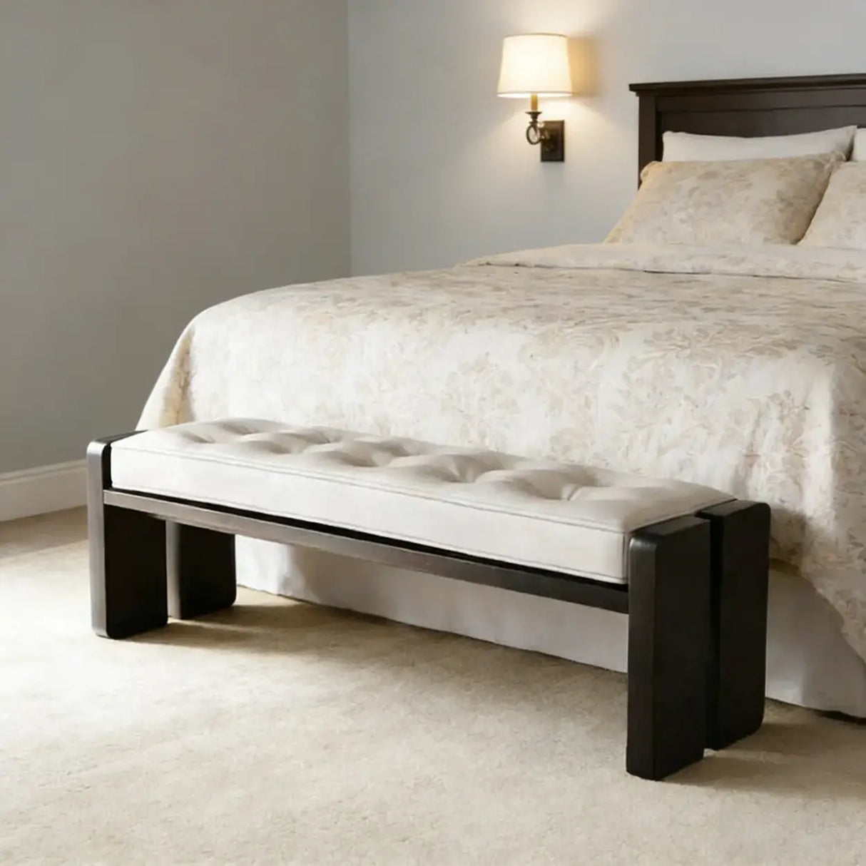 Mid-Century Modern Solid Wood Faux Leather Bedroom Bench Image - 15