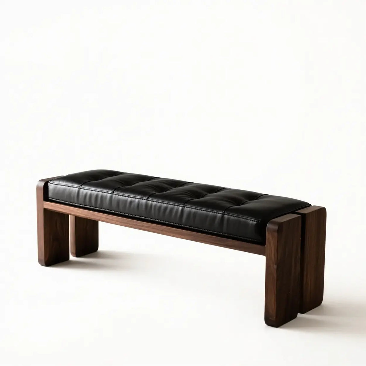 Mid-Century Modern Solid Wood Faux Leather Bedroom Bench Image - 17