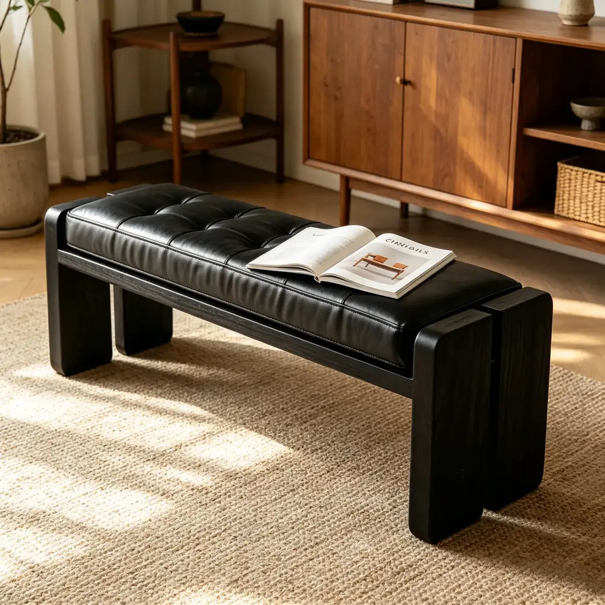 Mid-Century Modern Solid Wood Faux Leather Bedroom Bench Image - 2