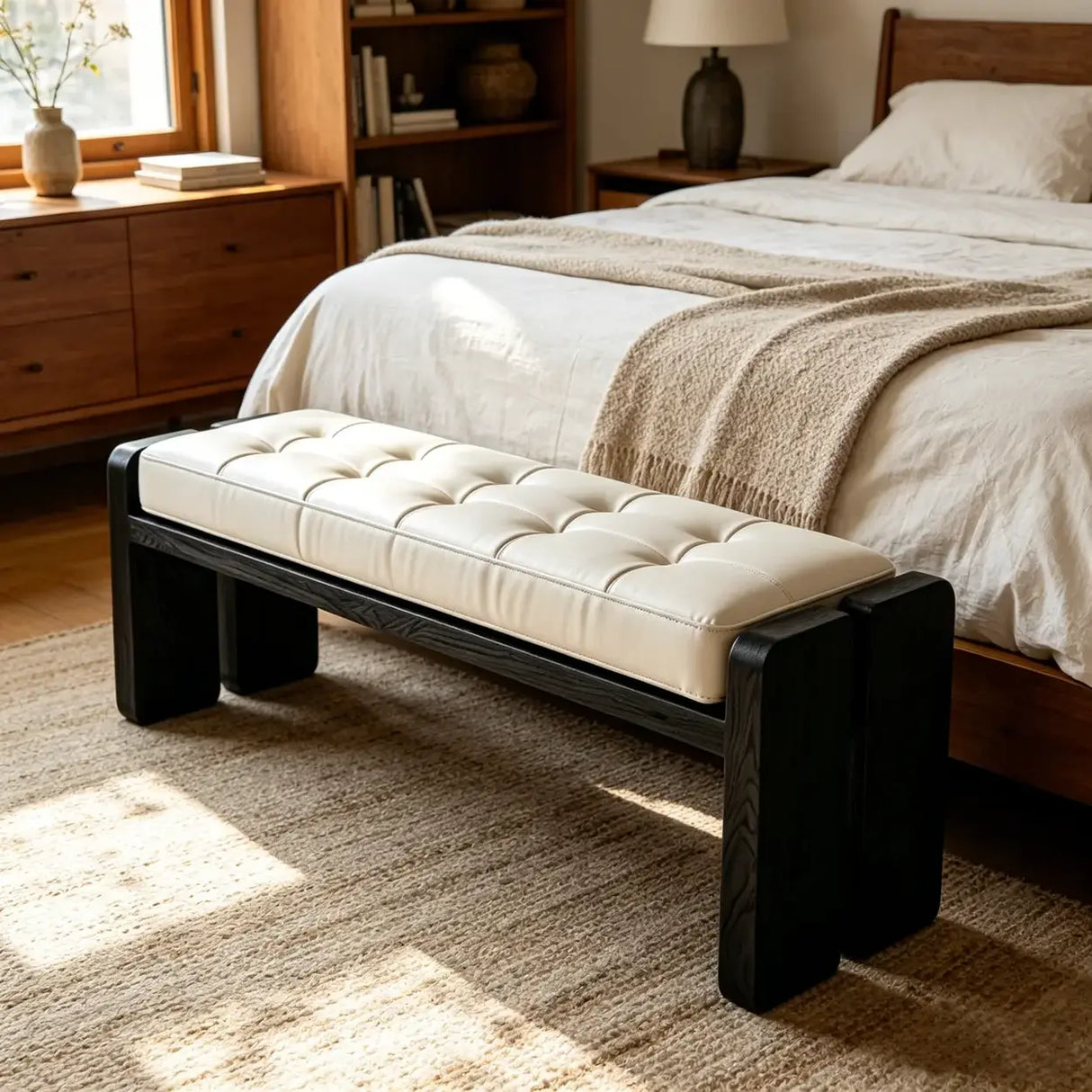 Mid-Century Modern Solid Wood Faux Leather Bedroom Bench Image - 3