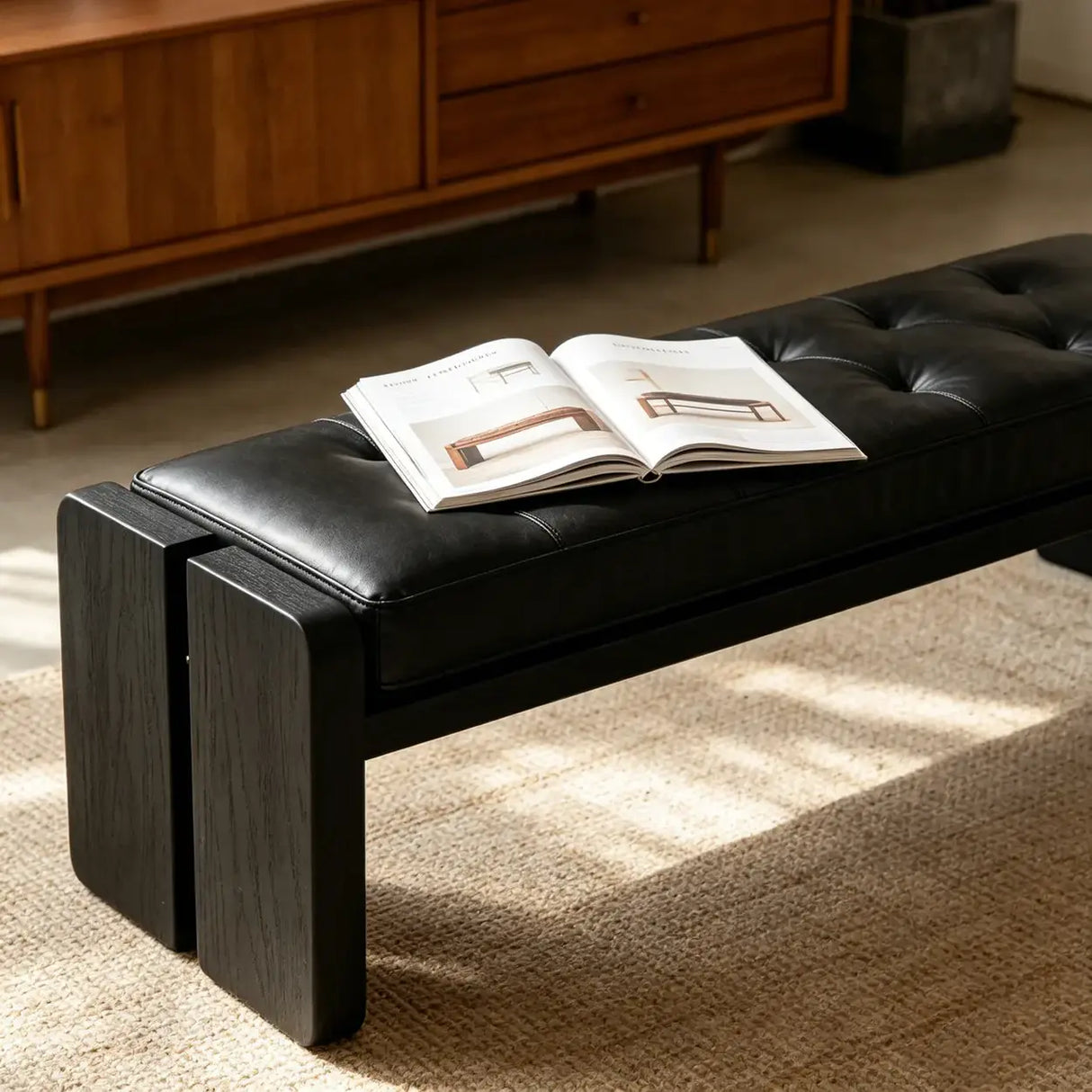 Mid-Century Modern Solid Wood Faux Leather Bedroom Bench Image - 5