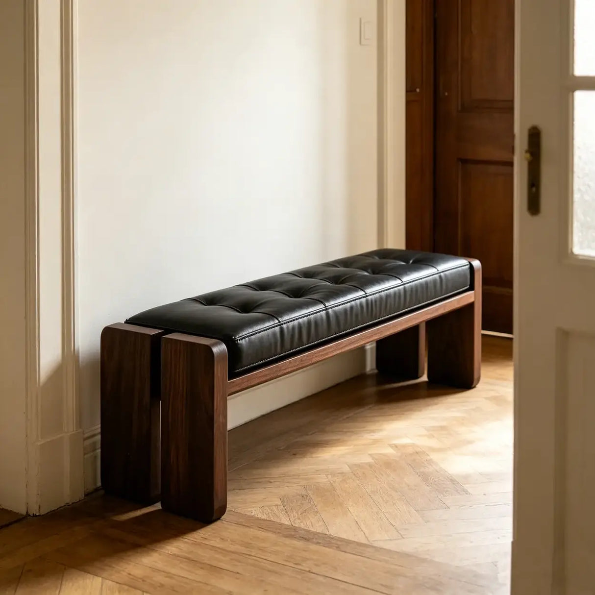 Mid-Century Modern Solid Wood Faux Leather Bedroom Bench Image - 7