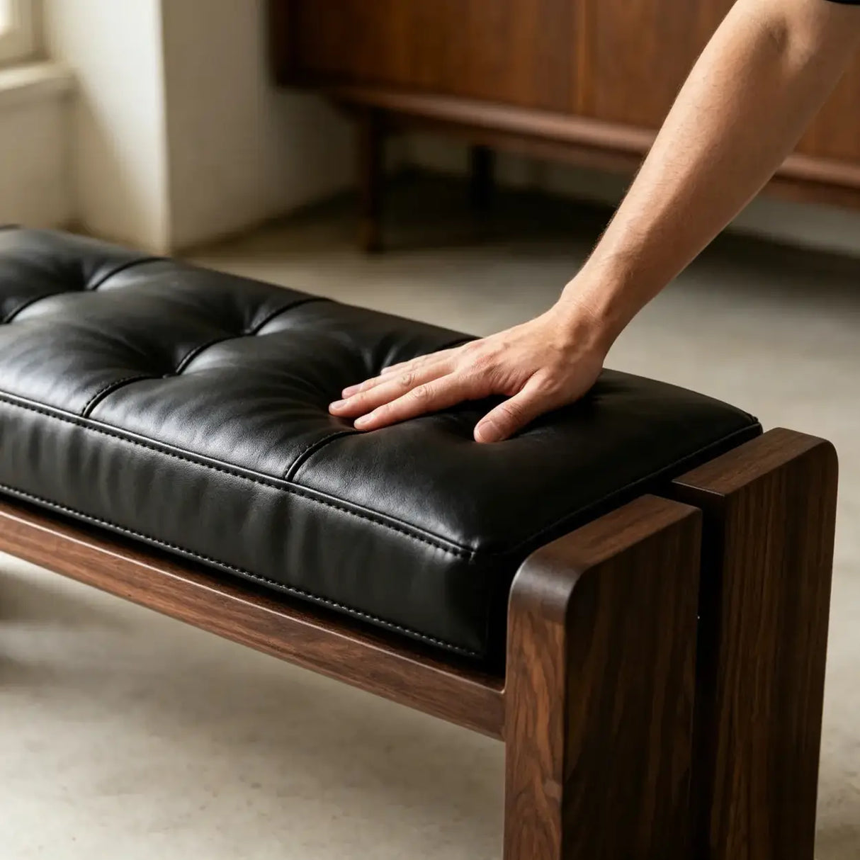 Mid-Century Modern Solid Wood Faux Leather Bedroom Bench Image - 8