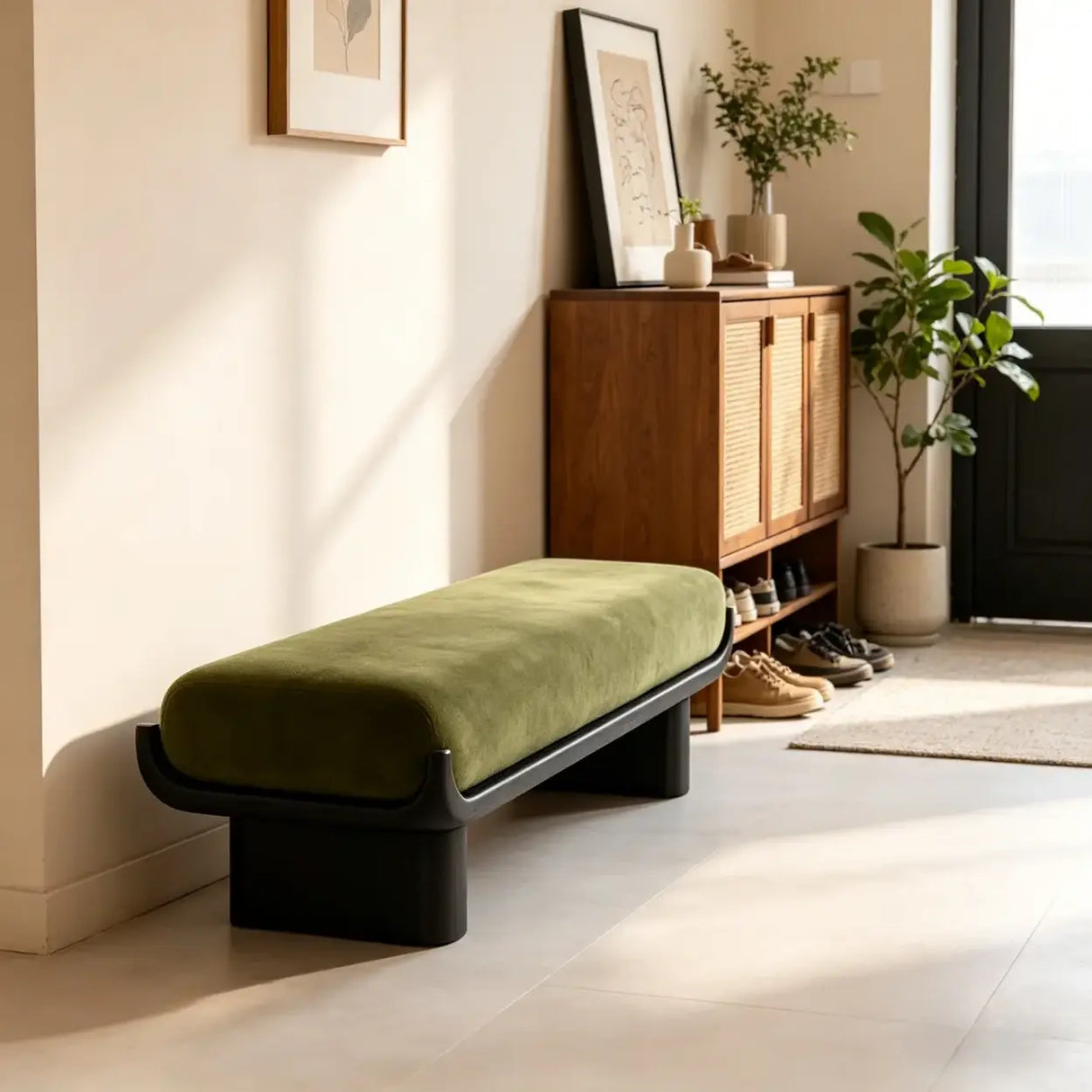 Mid-Century Modern Solid Wood Upholstered Bedroom Bench Image - 1