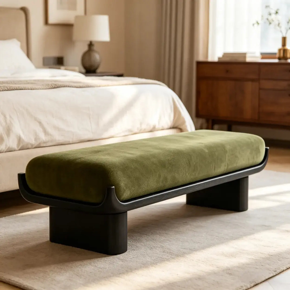 Mid-Century Modern Solid Wood Upholstered Bedroom Bench Image - 14