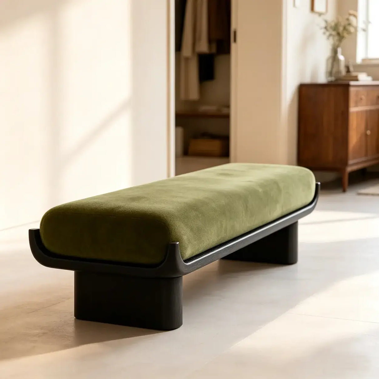 Mid-Century Modern Solid Wood Upholstered Bedroom Bench Image - 9
