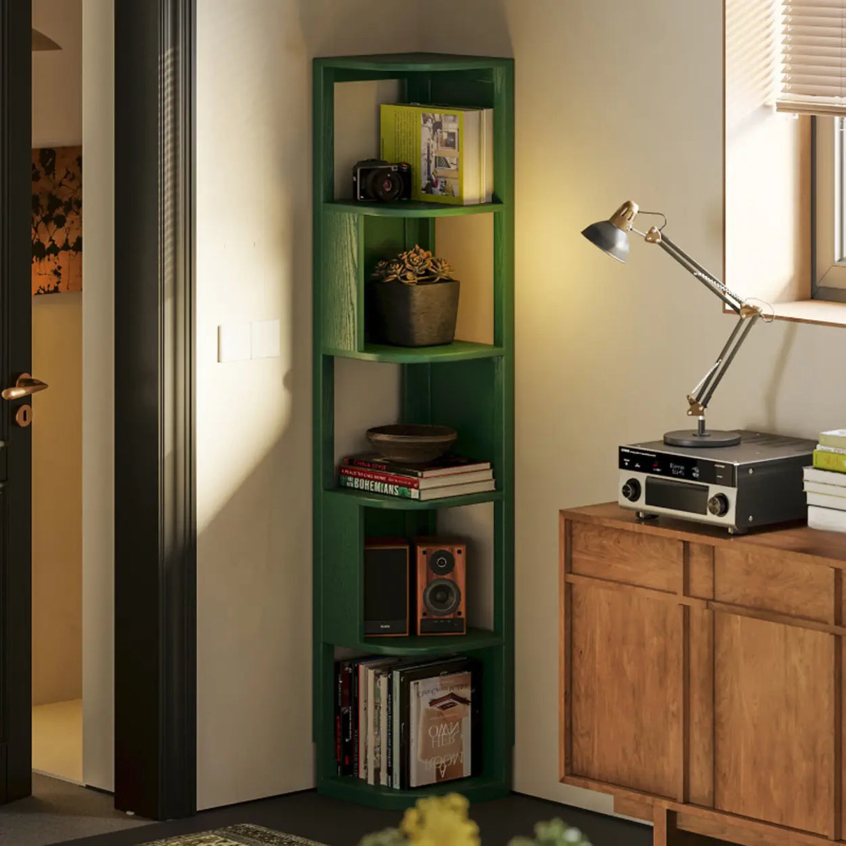 Mid-Century Modern Stand Wood Vertical Corner Bookshelf Image - 3
