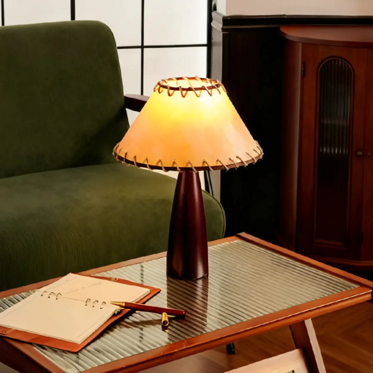 Mid-Century Modern Stitched Cone Shade Brown Table Lamp Image - 3