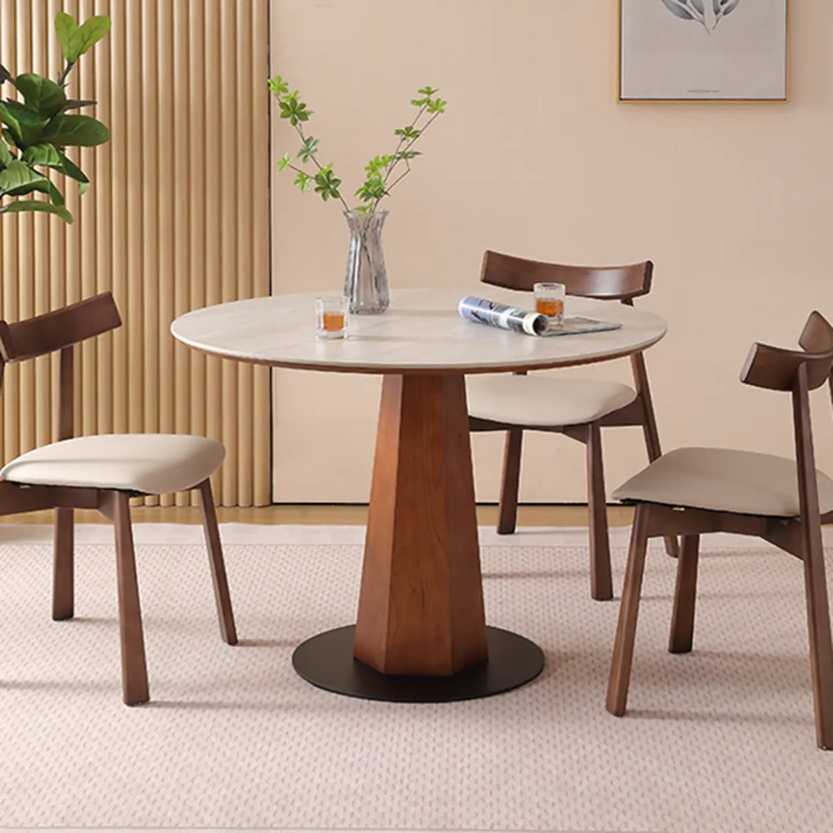 Mid-Century Modern Stone Round Wood Pedestal Dining Table Image - 4