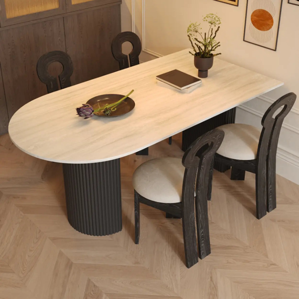 Mid-Century Modern Stone Top Oval Ribbed Leg Dining Table Image - 3