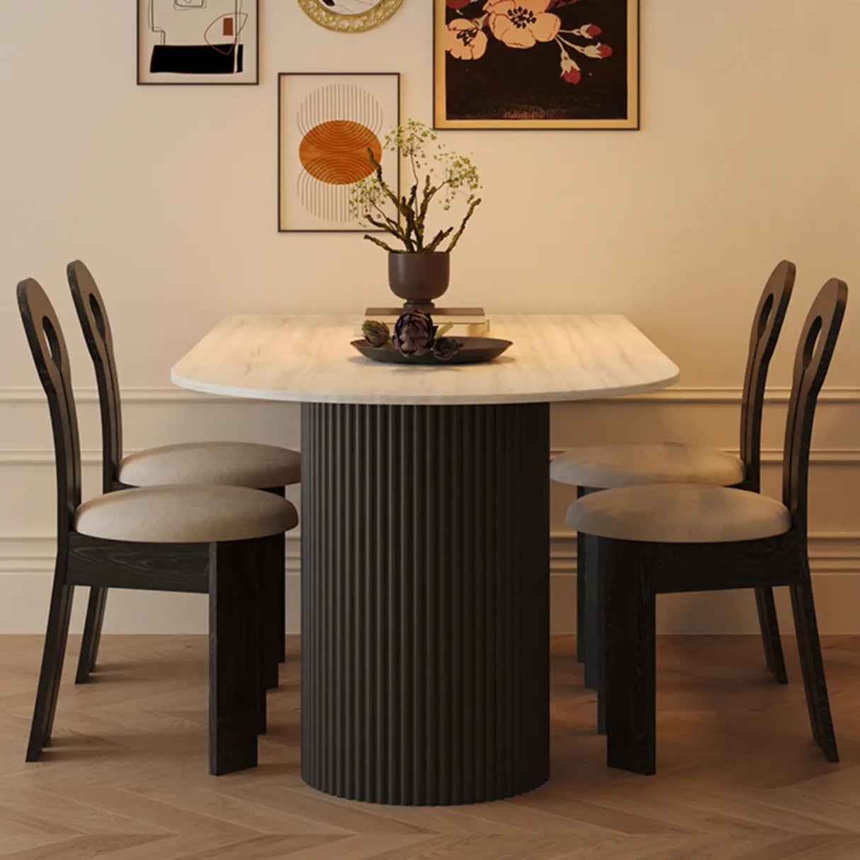 Mid-Century Modern Stone Top Oval Ribbed Leg Dining Table Image - 5