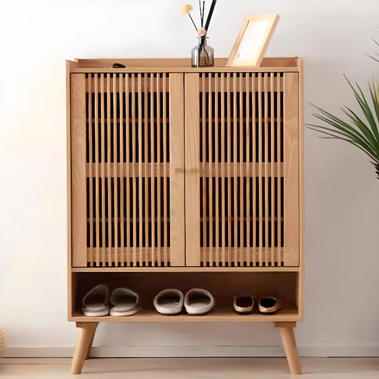 Mid-Century Modern Tall Wood Entryway Natural Shoe Cabinet Image - 1