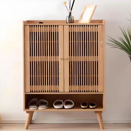 Mid-Century Modern Tall Wood Entryway Natural Shoe Cabinet Image - 1