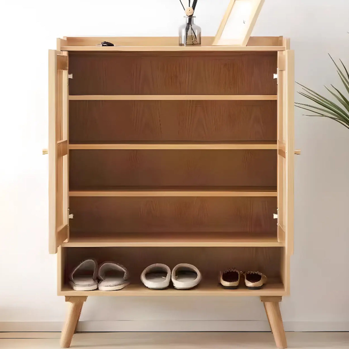 Mid-Century Modern Tall Wood Entryway Natural Shoe Cabinet Image - 2