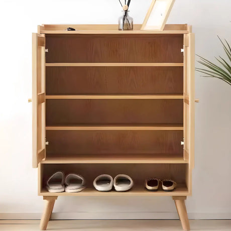 Mid-Century Modern Tall Wood Entryway Natural Shoe Cabinet Image - 2