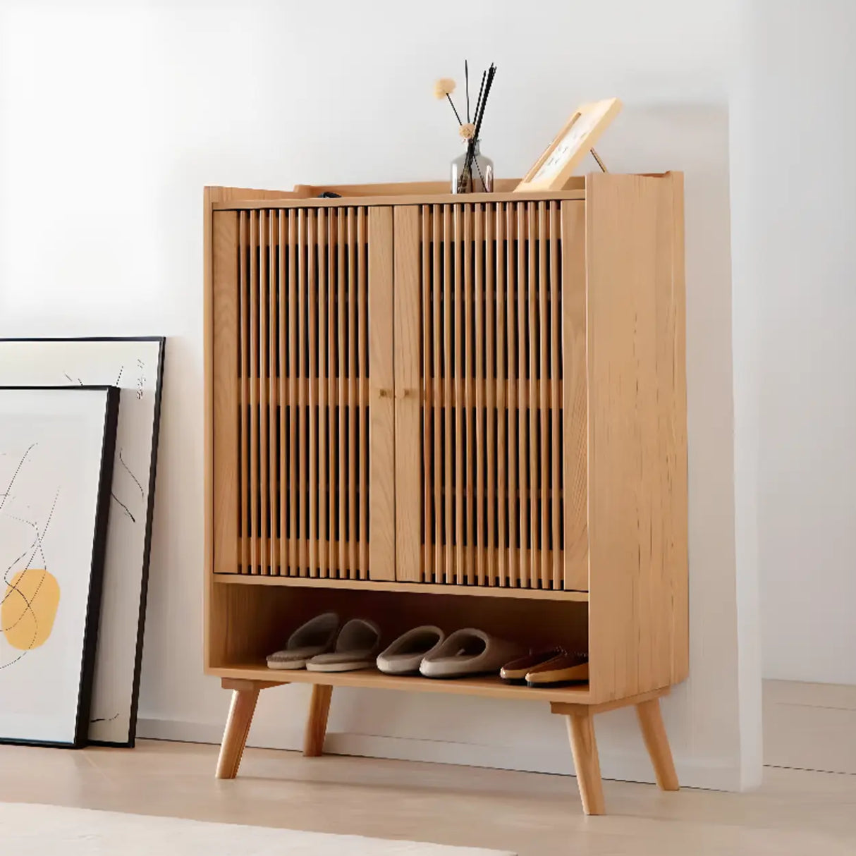 Mid-Century Modern Tall Wood Entryway Natural Shoe Cabinet Image - 3