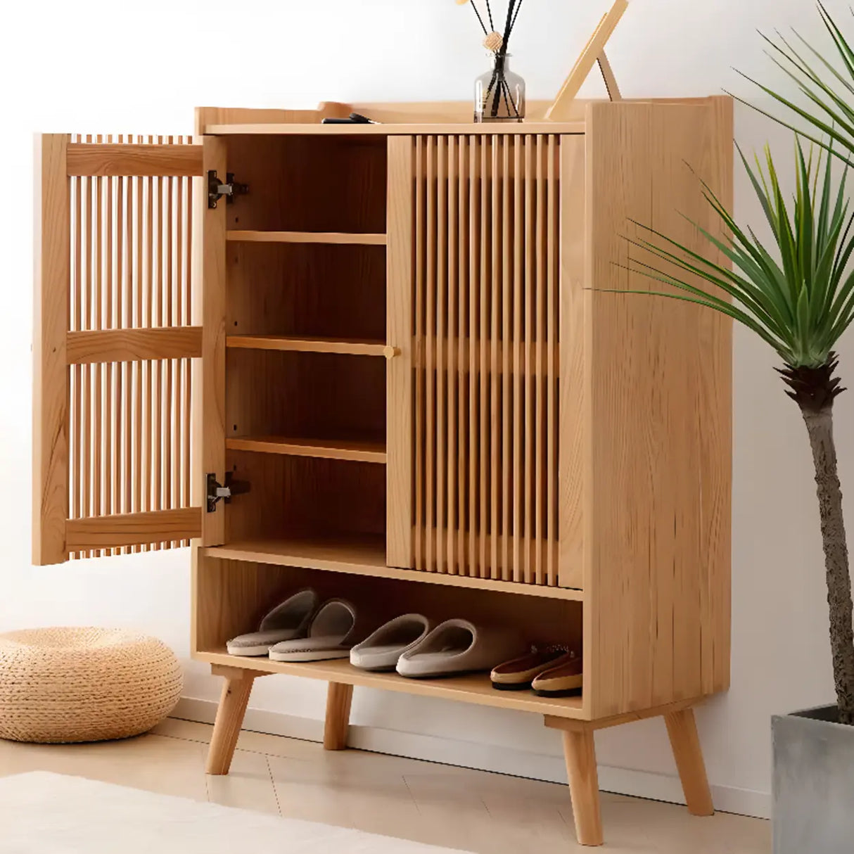 Mid-Century Modern Tall Wood Entryway Natural Shoe Cabinet Image - 4