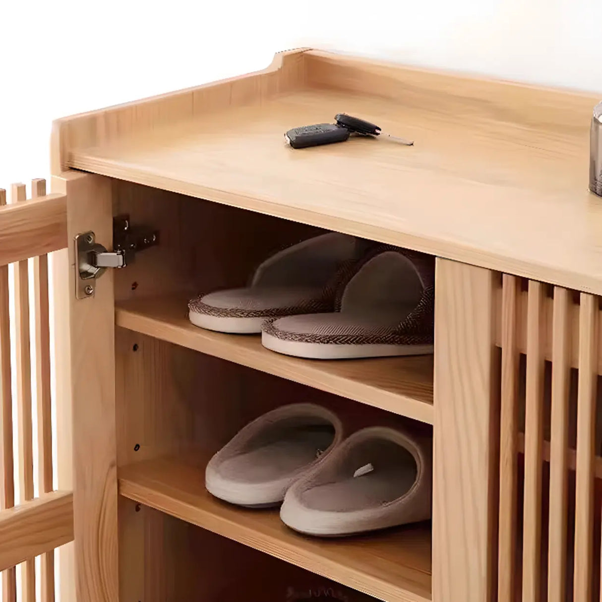 Mid-Century Modern Tall Wood Entryway Natural Shoe Cabinet Image - 8