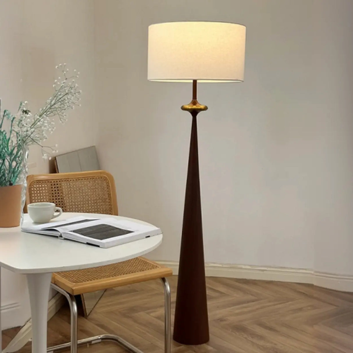 Mid-Century Modern Tapered Column Fabric Drum Floor Lamp Image - 4