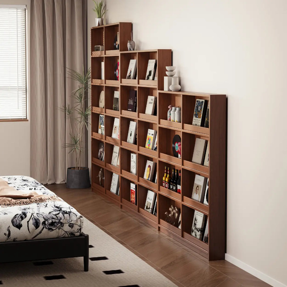Mid-Century Modern Ultra-Slim Wood Brown Vertical Bookshelf Image - 1