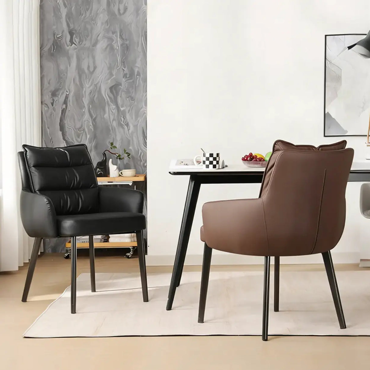 Mid-Century Modern Upholstered Faux Leather Arm Dining Chair Image - 1