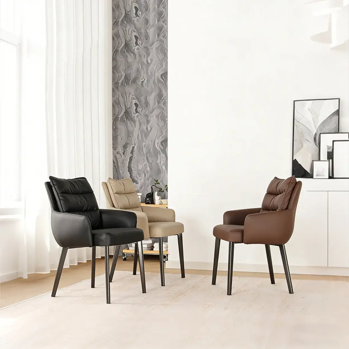 Mid-Century Modern Upholstered Faux Leather Arm Dining Chair Image - 3