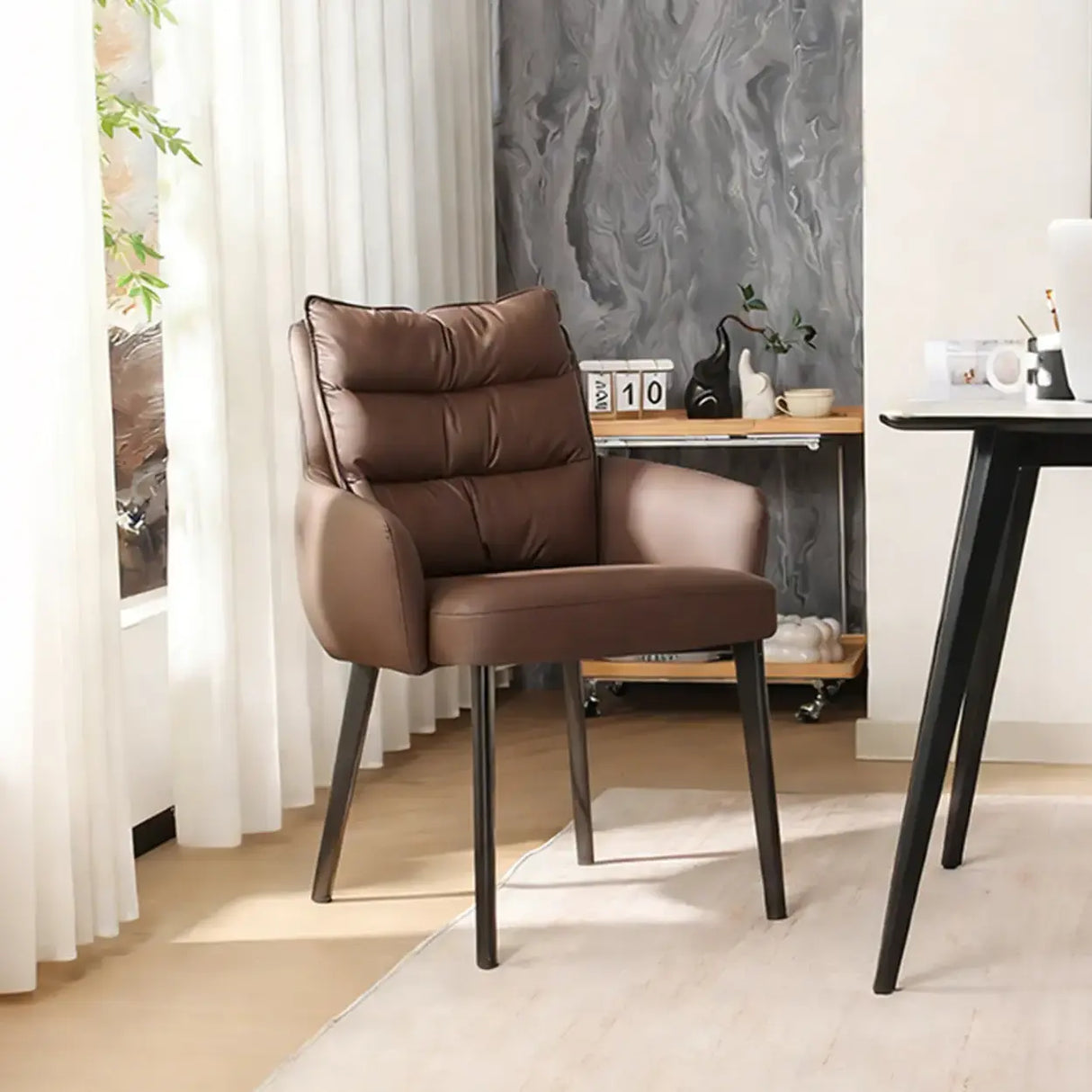 Mid-Century Modern Upholstered Faux Leather Arm Dining Chair Image - 5