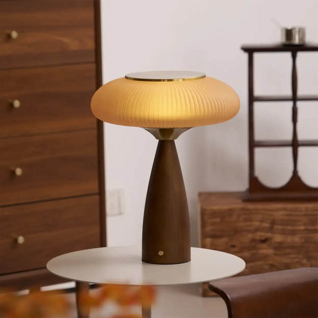 Mid-Century Modern USB Mushroom Amber Wood Table Lamp Image - 10