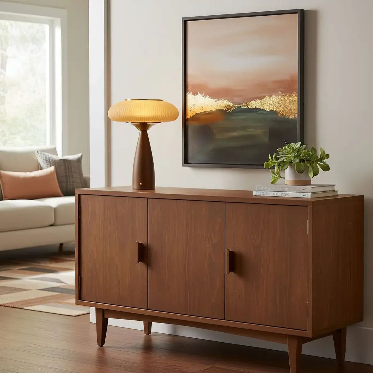 Mid-Century Modern USB Mushroom Amber Wood Table Lamp Image - 15