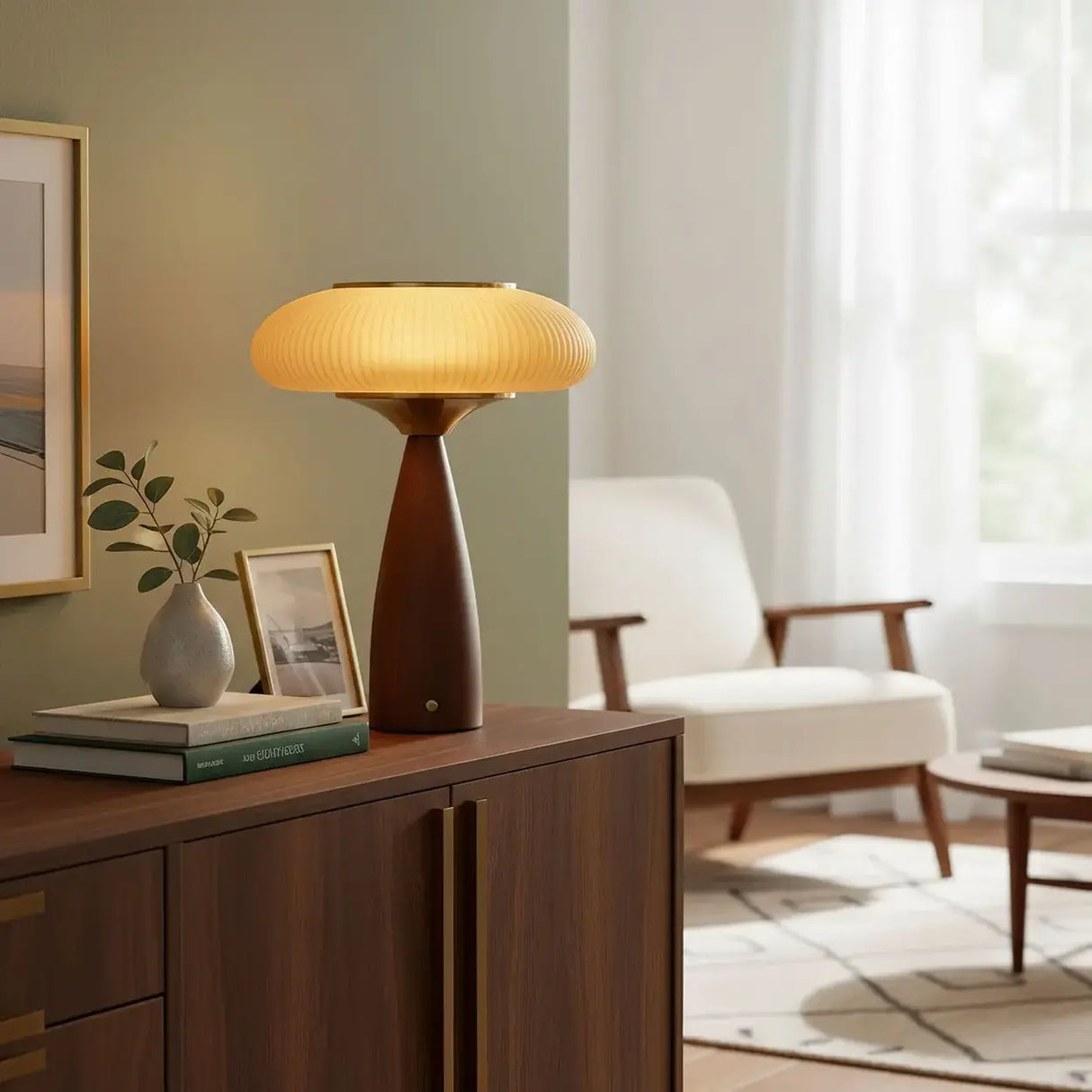 Mid-Century Modern USB Mushroom Amber Wood Table Lamp Image - 3
