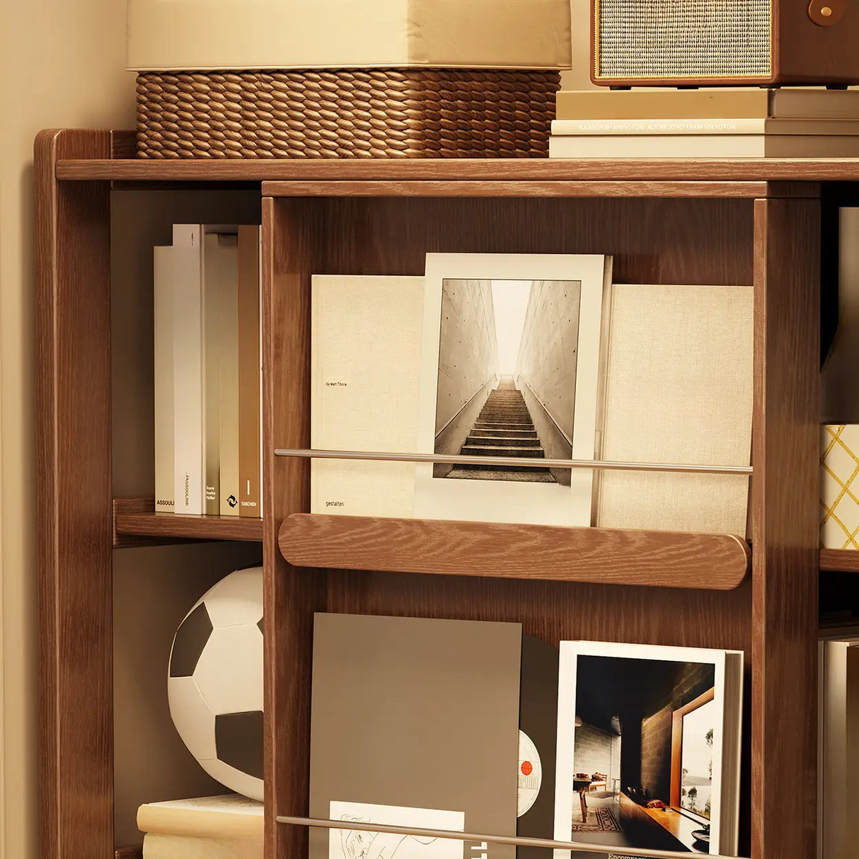 Mid-Century Modern Vertical Wood Sliding Door Tiered Bookshelf Image - 6